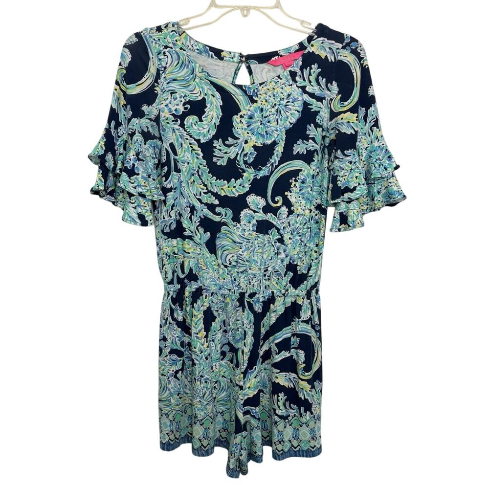 Lilly Pulitzer Lula Romper In High Tide Navy Scuba Doo Print XS Ruffle Preppy